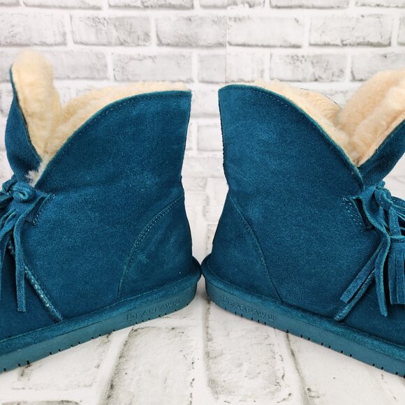 Bearpaw Christie Women's Sz 7 Teal Blue Suede Wool Sheepskin Footbed Ankle Boots - Picture 4 of 12
